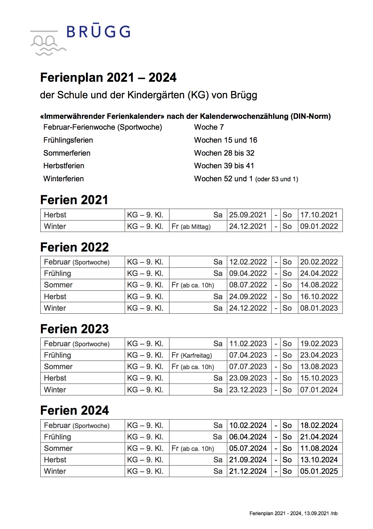 Ferienplan für die Kalenderjahre 2021-2024